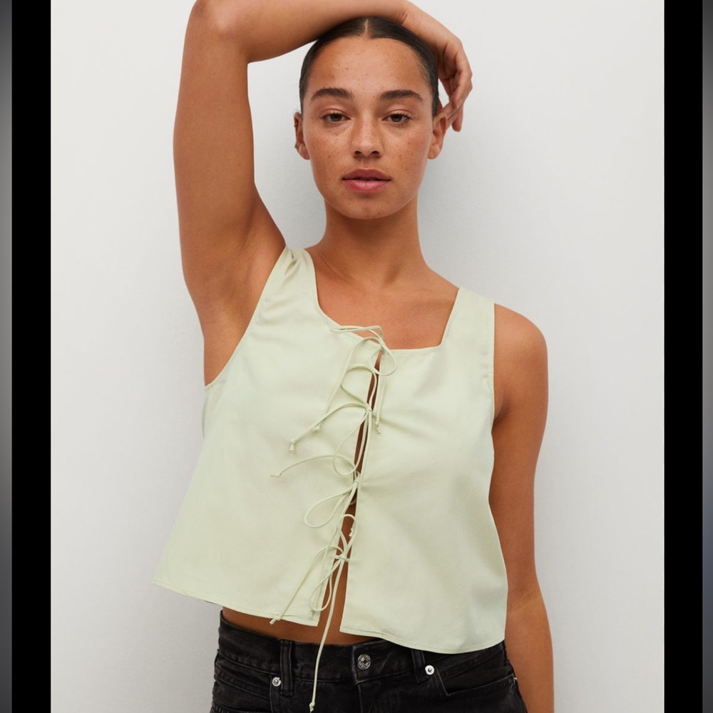 Mango Pale Green Tie-Front Vest Tank Top L NWT
